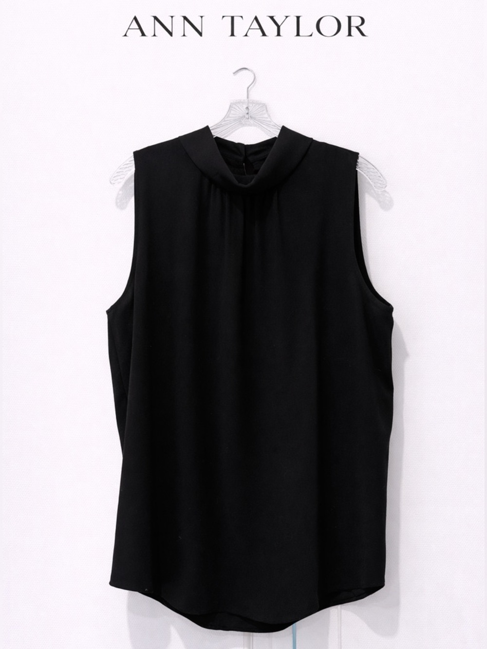 Ann Taylor Black Sleeveless Blouse M Mock Neck Draped Work Top